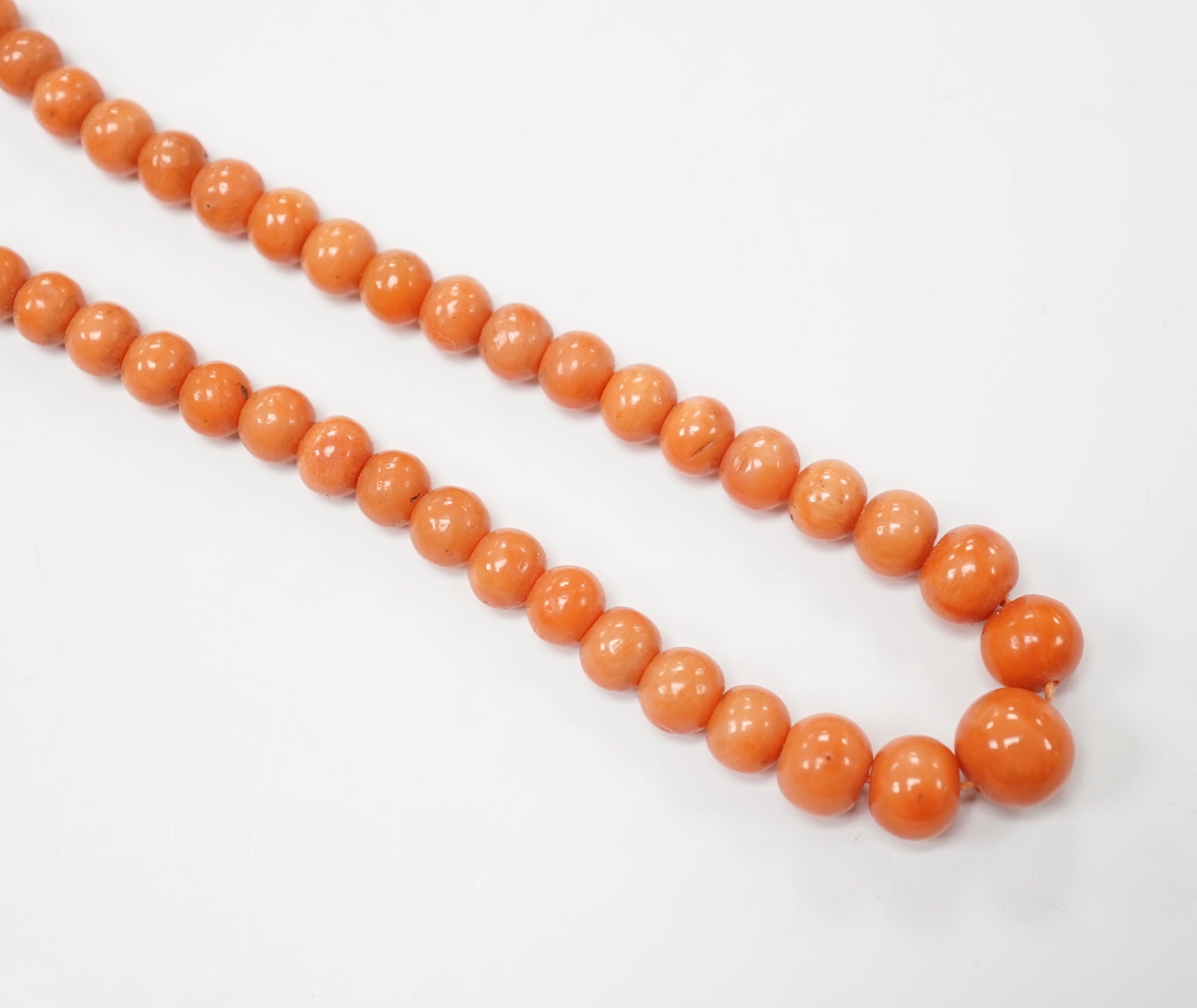 A single strand graduated coral bead necklace, with carved coral set yellow metal clasp, 52cm, gross weight 23.9 grams.